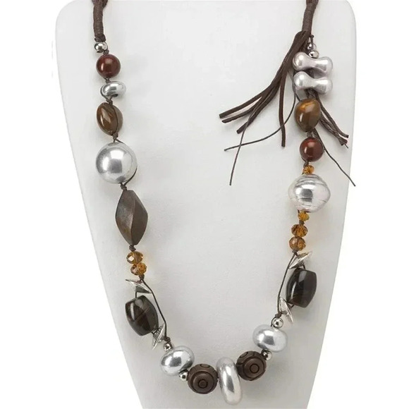Handcrafted Edgy Silver Brown Mixed Media Asymmetric Necklace - Picture 1 of 3